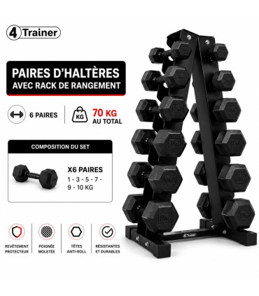 PACK HALTÈRES - 1 à 10KG avec Rack - 6 Paires (1, 3, 5, 7, 9, 10kg)  - 4TRAINER