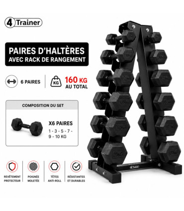 PACK HALTÈRES - 5 à 20KG avec Rack - 6 Paires (5, 10, 12.5, 15, 17.5, 20kg) - 4TRAINER